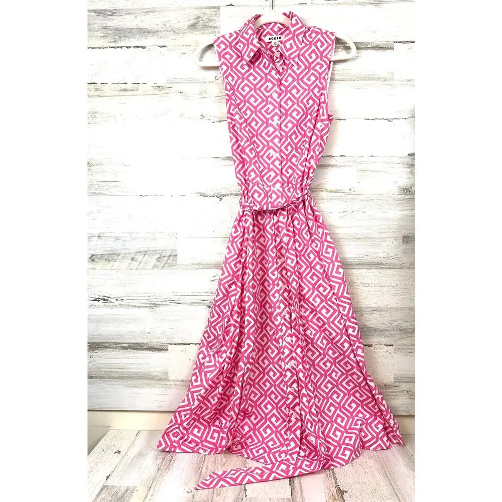 Boden Womens 8 Pink White Amy Sleeveless Belted Abstract Midi Shirt Dress - Picture 3 of 9